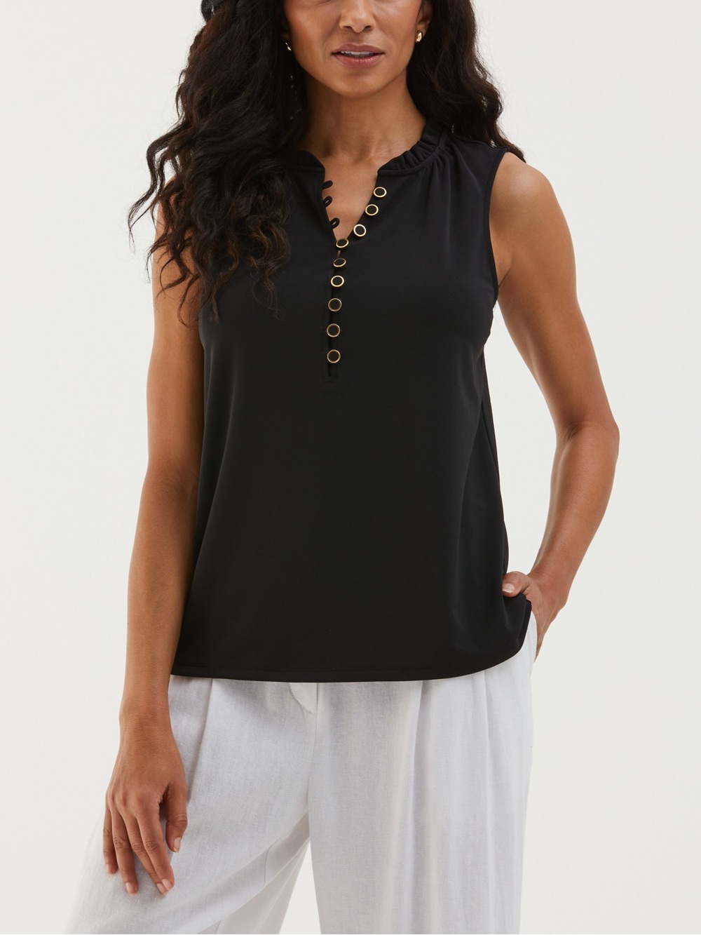 NWT White House Black Market Black Sleeveless Button-Detail Top